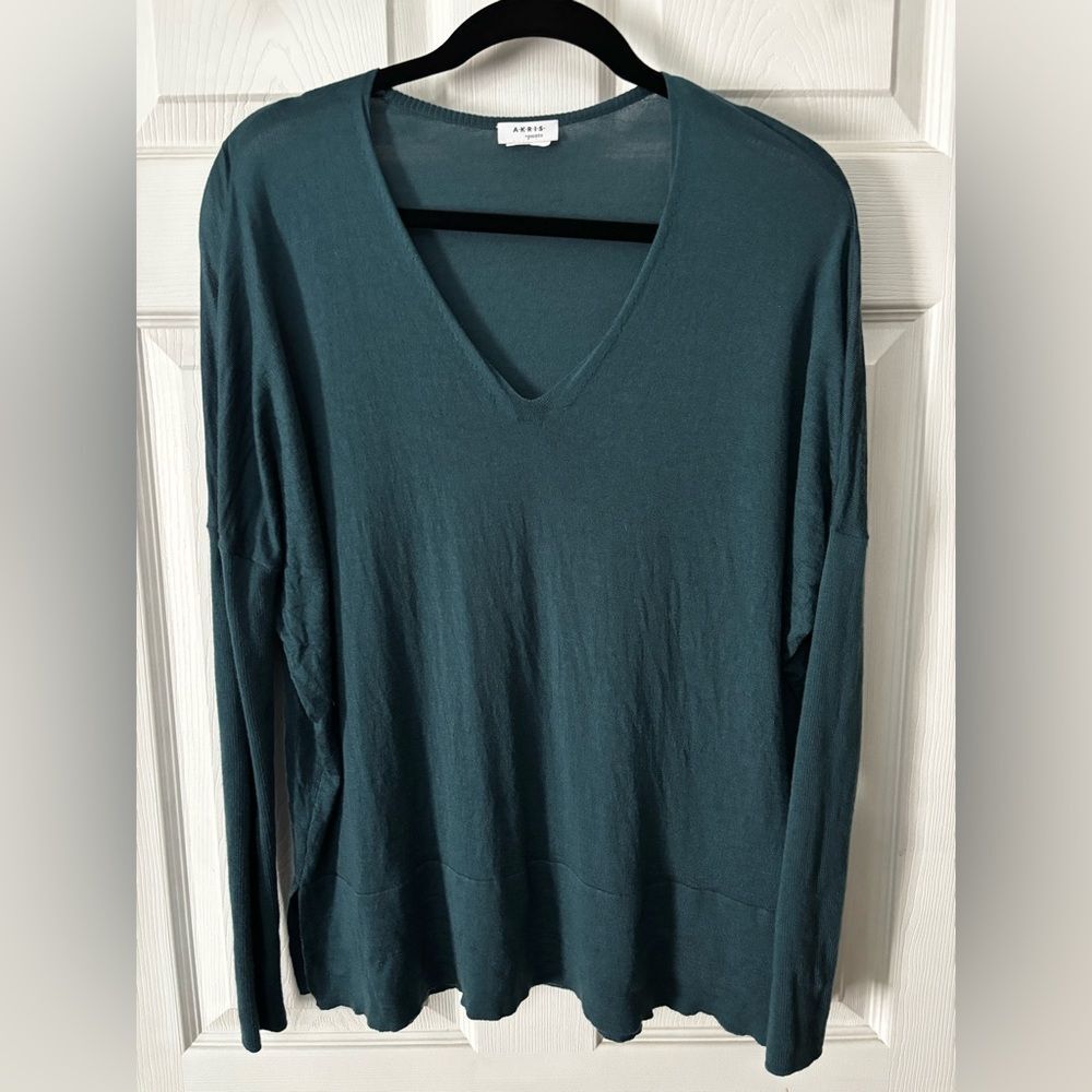 Akris Punto Pullover Sweater Teal VNeck Long Sleeve 100% Wool Size 10/Lg